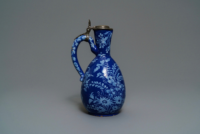 A rare Dutch Delft 'Persian blue' pewter-mounted jug, 17/18th C.